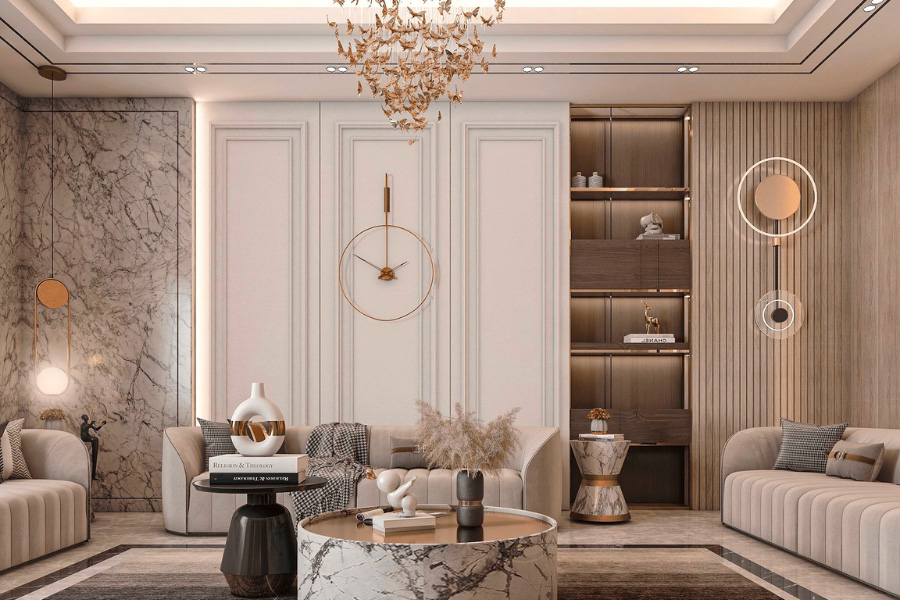 Phòng khách chung cư tân cổ điển với phào chỉ tinh tế