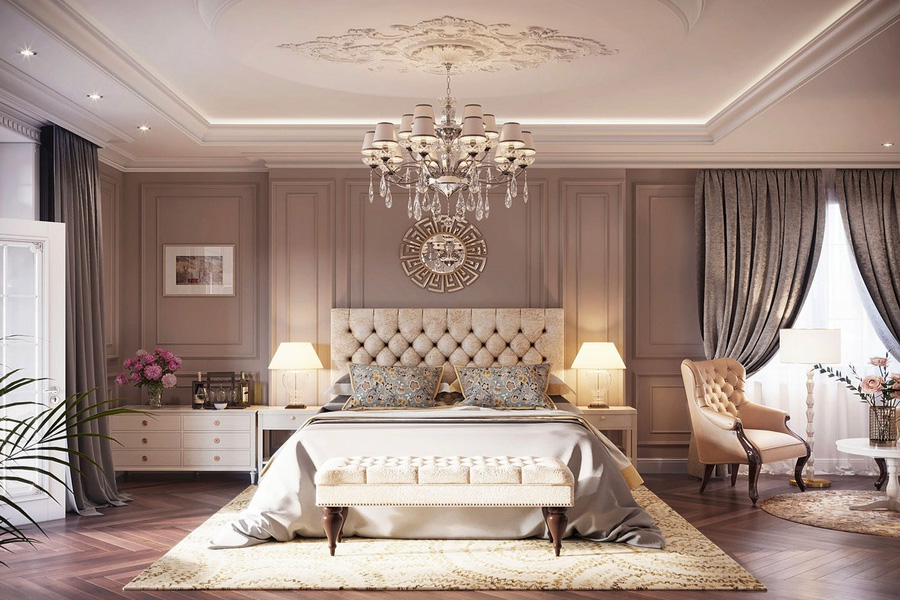 Không gian phòng ngủ căn hộ tân cổ điển với bảng màu trung tính thanh lịch