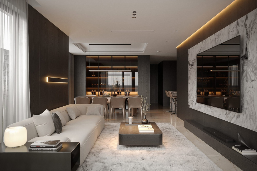 Phối màu nội thất cân bằng giữa ánh sáng và vật liệu