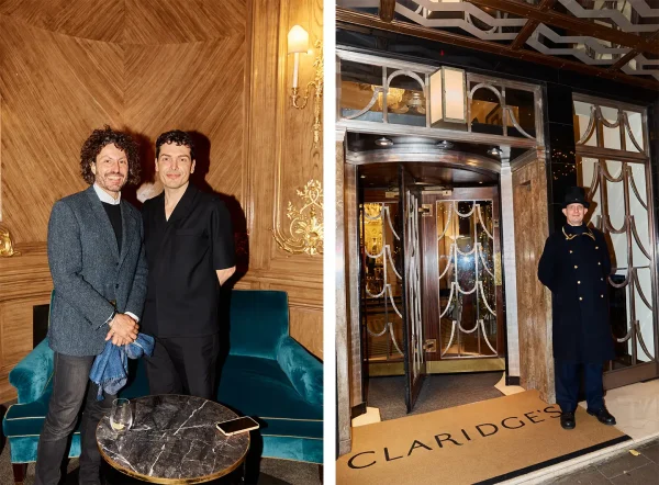 Từ trái sang: Christian Mussati, Người sáng lập WonderGlass; Simone Farresin, Đồng sáng lập Formafantasma; Lối vào Khách sạn Claridge's, London.