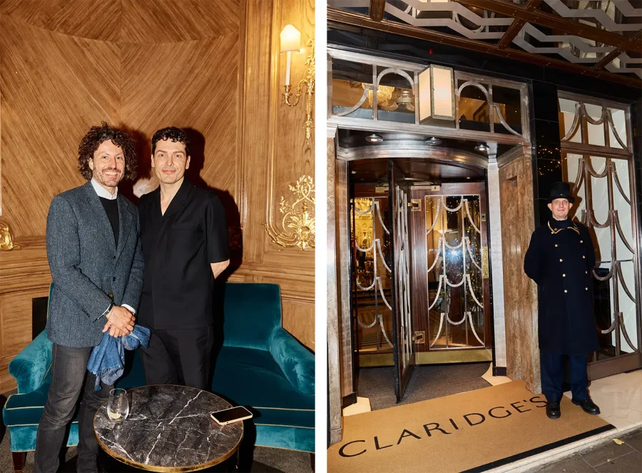 Từ trái sang: Christian Mussati, Người sáng lập WonderGlass; Simone Farresin, Đồng sáng lập Formafantasma; Lối vào Khách sạn Claridge's, London.