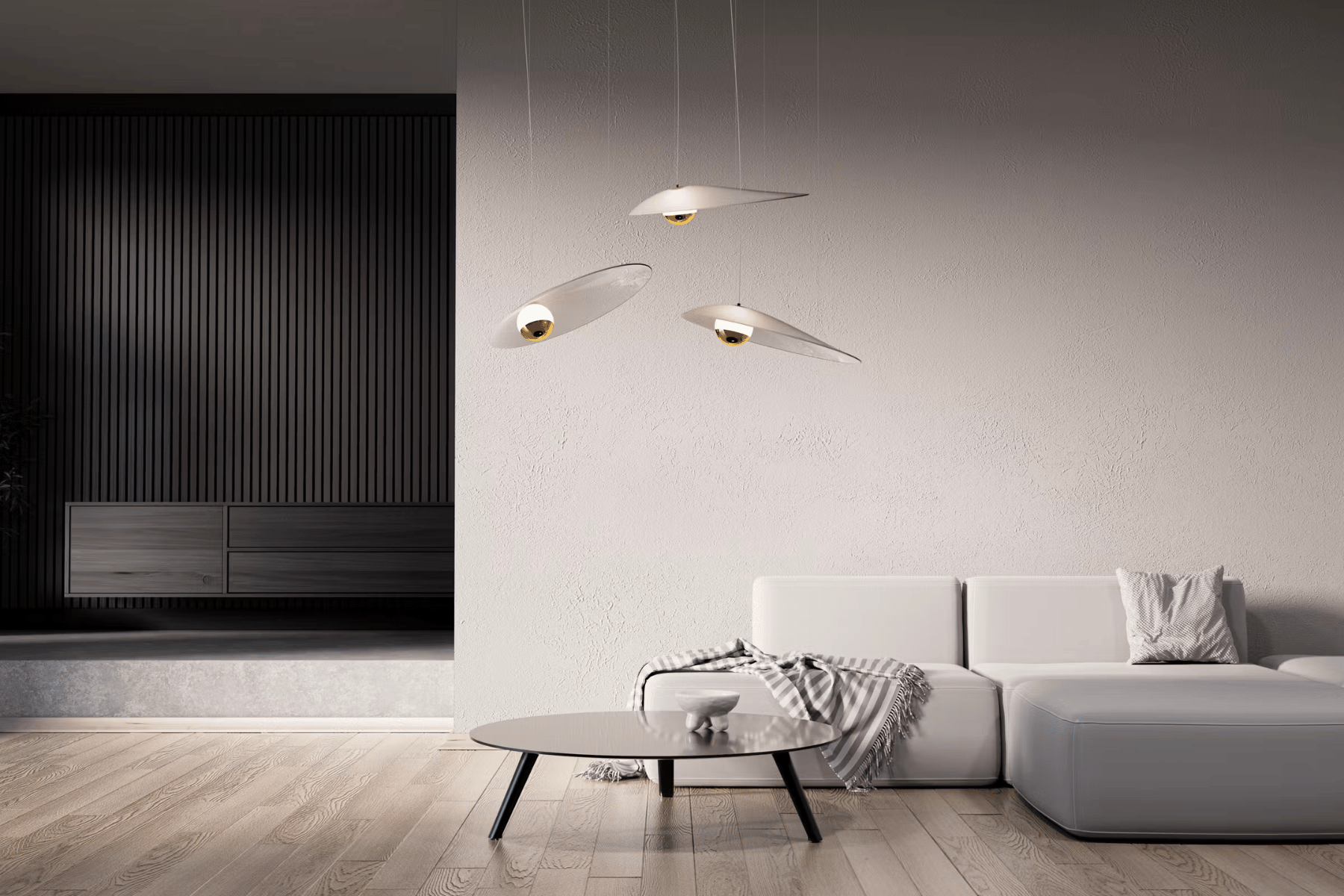 Oyster Pendant nổi bật với ánh sáng phát ra ấm áp, lan tỏa nhẹ nhàng trong không gian.