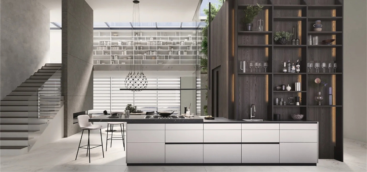 Không gian bếp hiện đại tích hợp không gian sinh hoạt chung