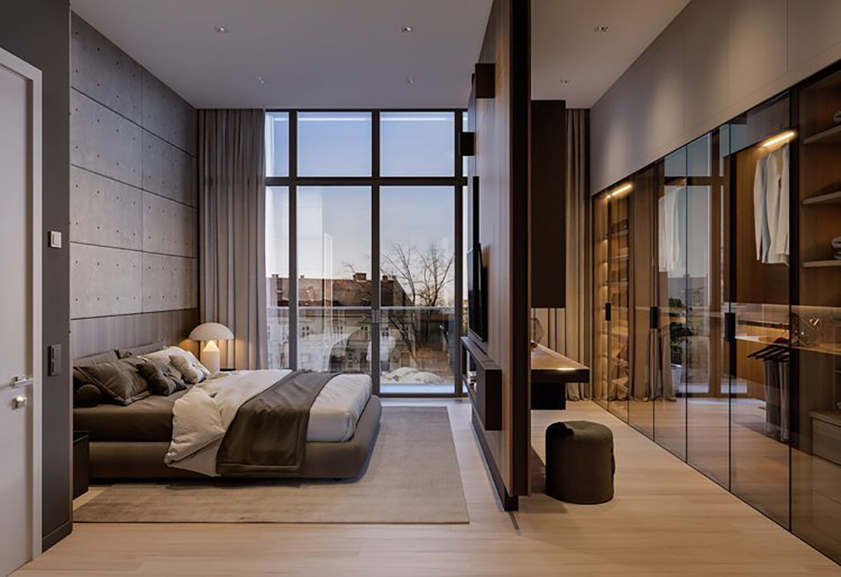 Phòng ngủ hiện đại tích hợp walk-in closet